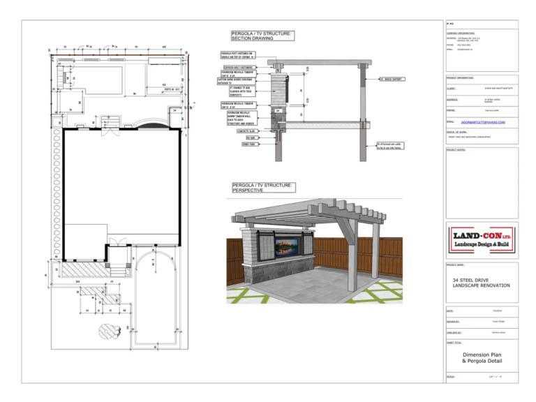Architectural drawing of a steel pergola installation at Steel Drive, Aurora.