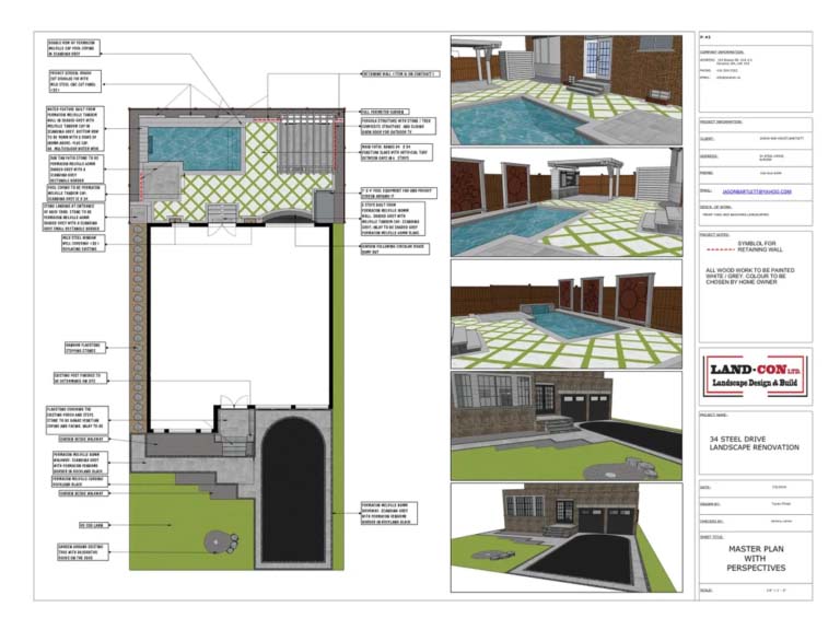 Construction drawing of a steel pergola and landscaping design for Aurora property.