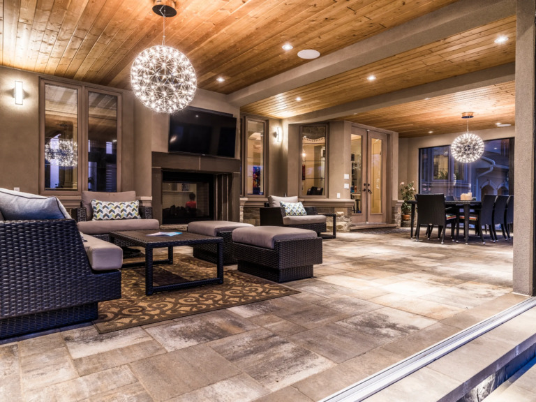 Well-designed multi-level deck with wooden steps