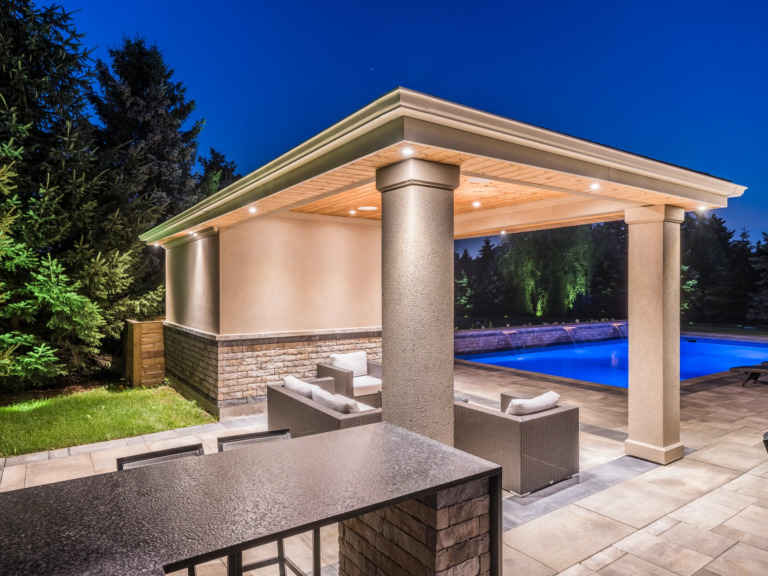 Deck with contemporary design and greenery at Four Seasons Estate