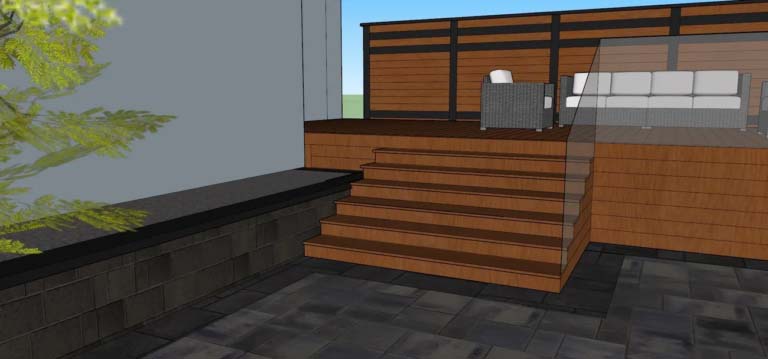 Elegant modern villa with a large wooden deck and outdoor seating area