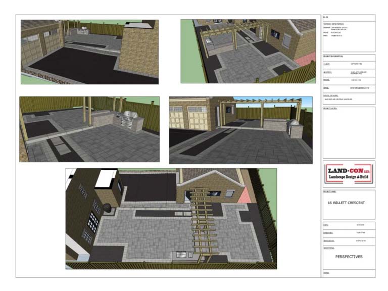 Contemporary landscape with a seamless blend of hardscape and softscape elements, including planters, pavers, and shrubs.