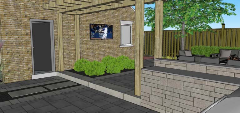 Classic contemporary landscape design with a modern stone walkway surrounded by lush greenery and manicured lawns.