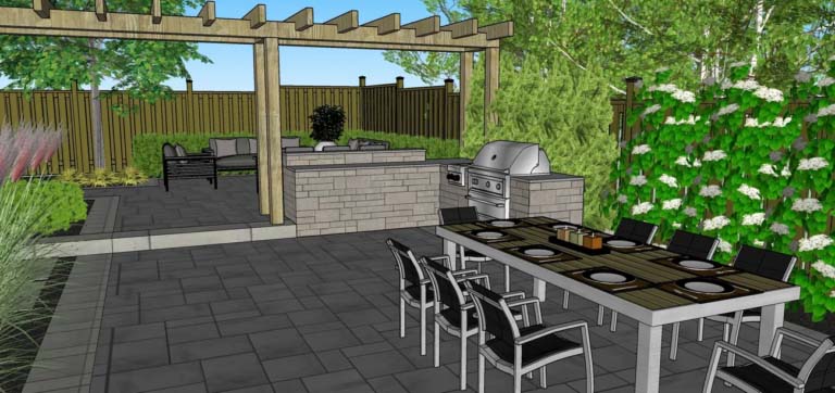 Modern landscape design showcasing a spacious patio area with comfortable seating and minimalistic garden elements.