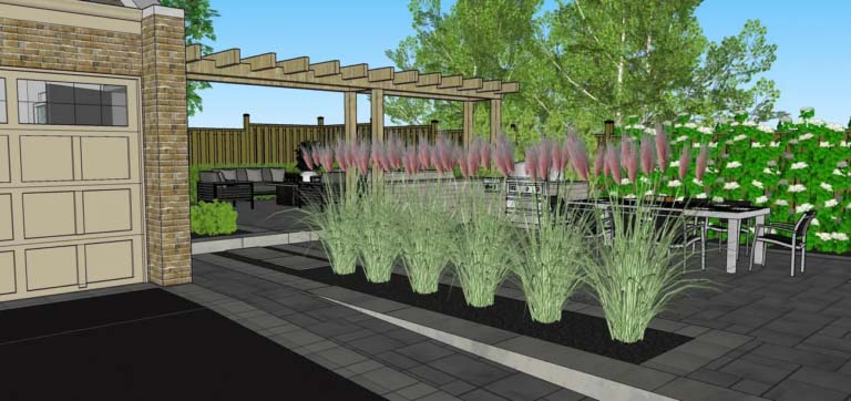 Stylish backyard landscape with a mix of concrete slabs, pebbled areas, and strategically placed potted plants.