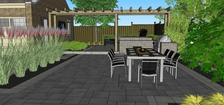 Elegant garden design featuring a clean stone pathway with decorative plants and lighting fixtures.