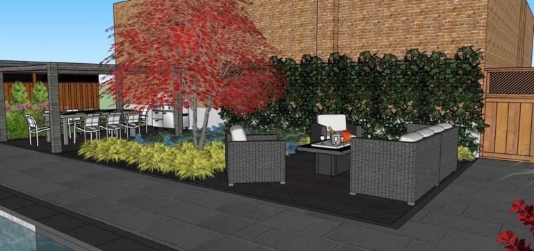 Modern backyard with a patio area, outdoor furniture, and lush greenery.