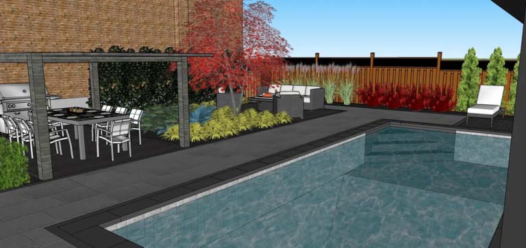 Outdoor living space with a fire pit and surrounding seating area in a landscaped garden.