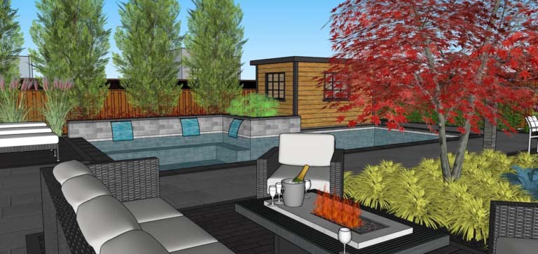 Inviting backyard space with a well-designed garden path leading to a cozy seating area.