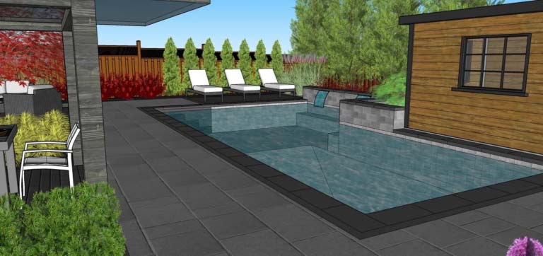 Contemporary garden layout featuring a mix of hardscape elements and lush landscaping.