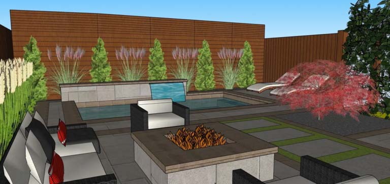 Close-up of a decorative pathway leading to a pool with vibrant landscaping.
