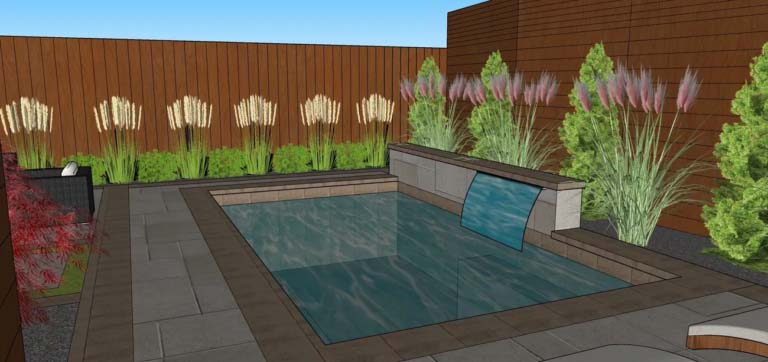 Wide view of a landscaped pathway and pool area featuring lush plants and pavers.