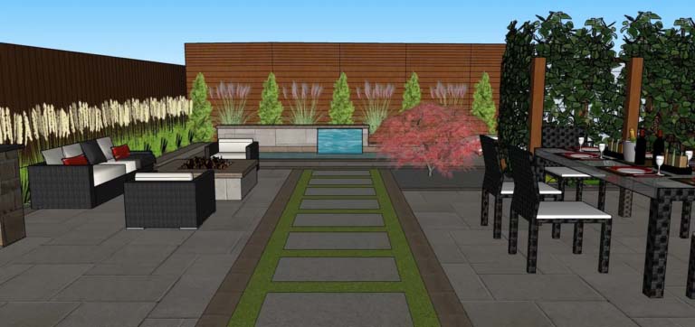 Detailed view of a poolside pathway with intricate paver patterns and landscaping.