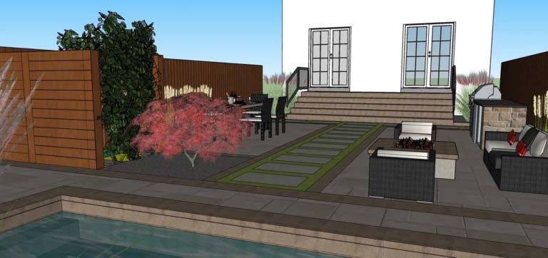 Pathway design leading to a pool with carefully arranged stones and landscaping elements.