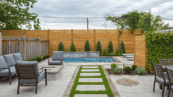 Pathway through lush green landscape with trees on either side.