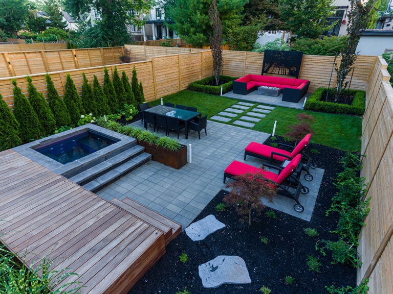 Aerial view of a modern backyard with a pool and landscaping.