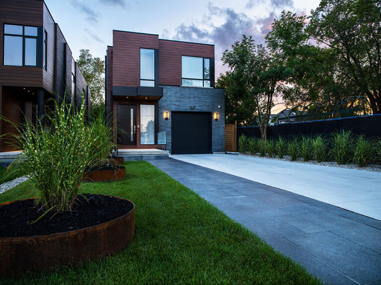 Contemporary backyard with large pool and minimalistic landscaping.