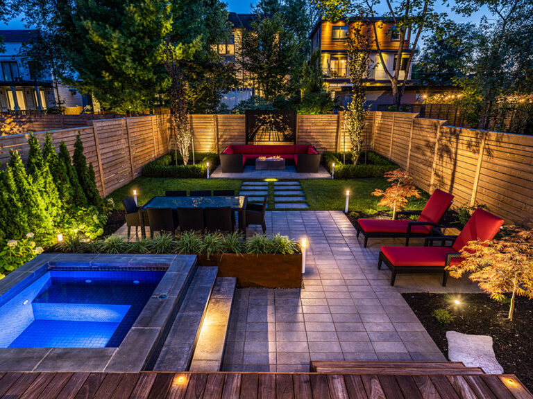 Luxury backyard with modern pool, patio, and landscaping design.