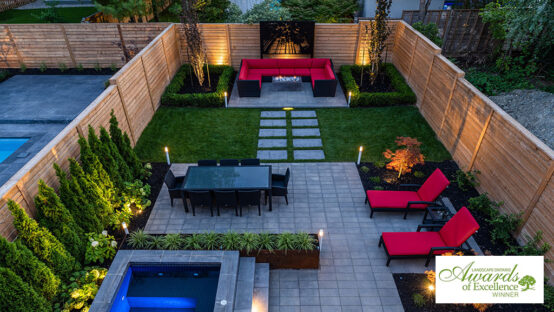 Sophisticated backyard with contemporary design elements and modern pool.