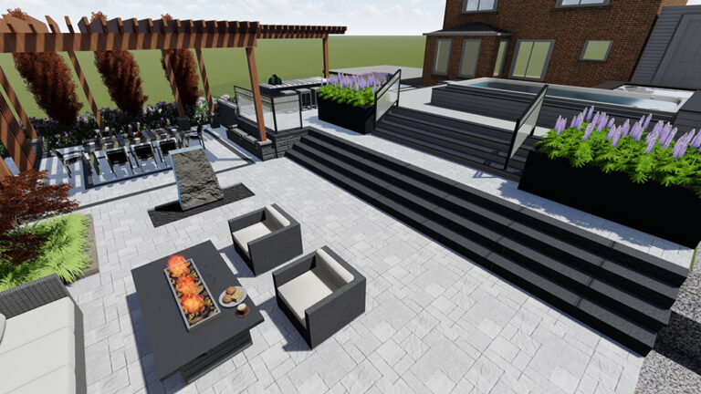 3D rendering of a modern landscape featuring a pool and vibrant green garden.