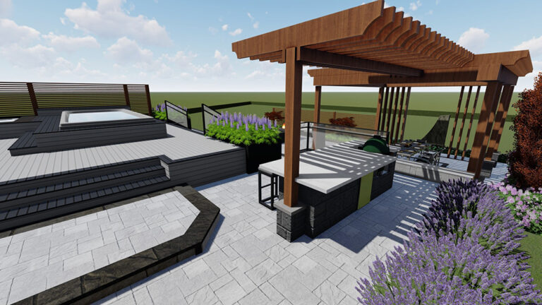 3D rendering of a contemporary outdoor pool with modern landscaping.