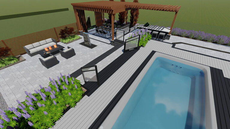 3D rendering showcasing an elegant backyard pool with minimalist design.