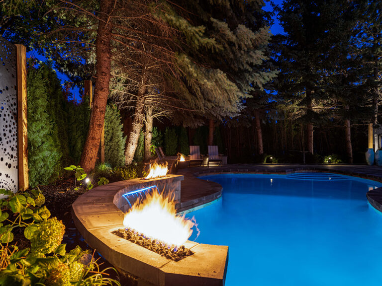 Large modern backyard with a luxurious pool and stone patio in a serene setting.