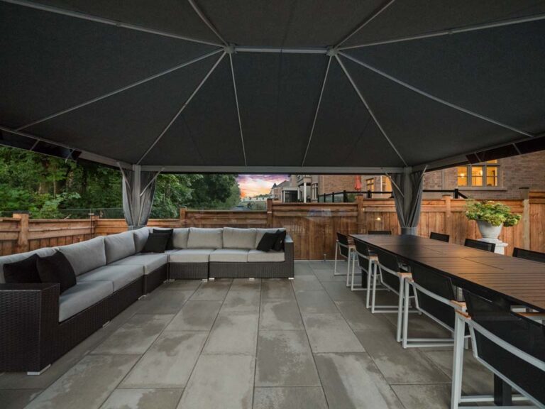 Sophisticated outdoor seating area with a water fountain