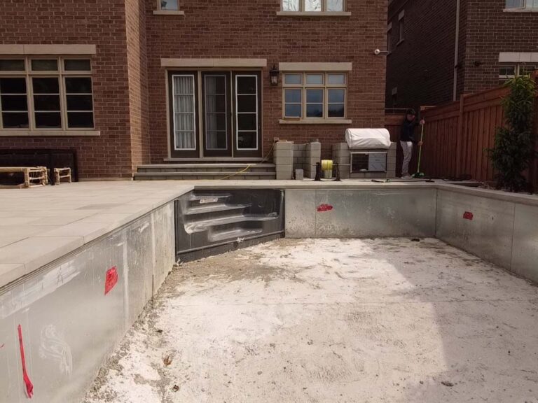 Modern backyard with a swimming pool and lush greenery