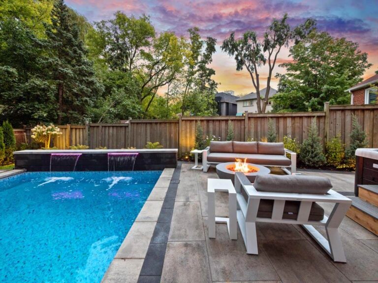 Contemporary backyard with seating and decorative elements