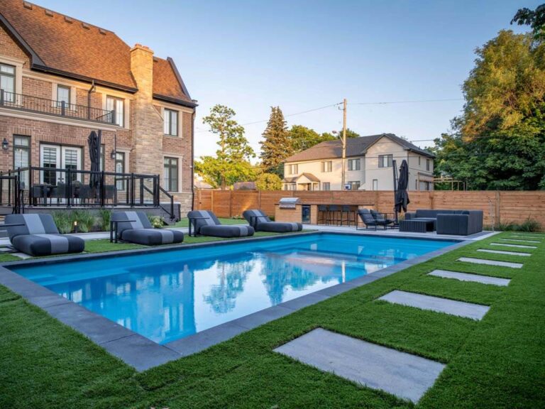Modern backyard design with a stone pathway and vibrant plants