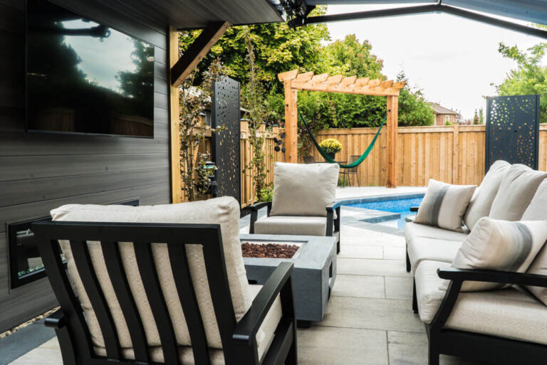 Close-up of the water feature in the landscaped garden