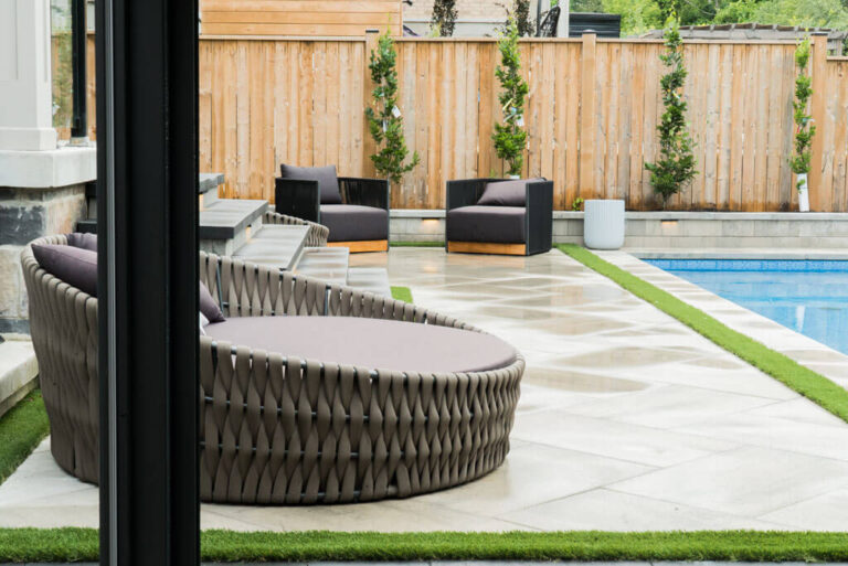 Spacious backyard with swimming pool and lounge area