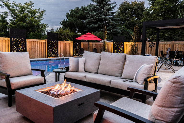 Stone steps leading up to a landscaped garden area