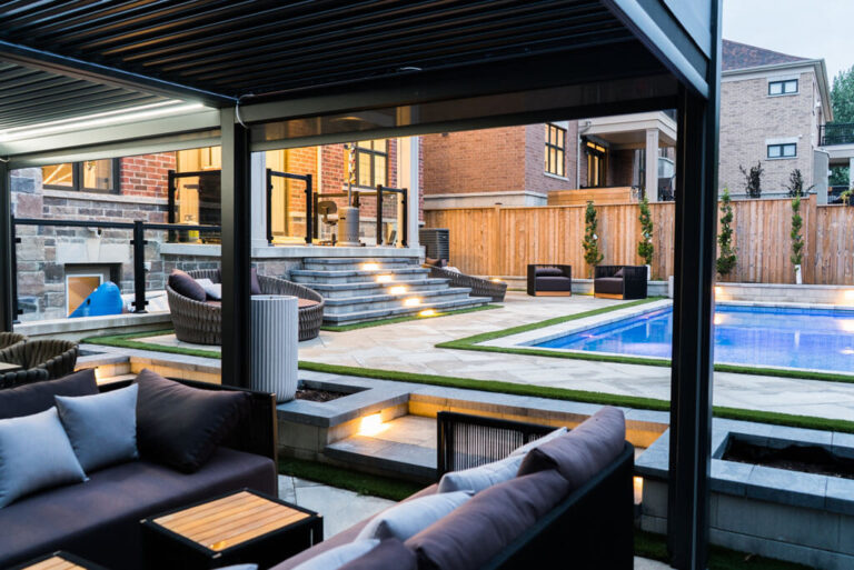 Modern outdoor fireplace with seating area