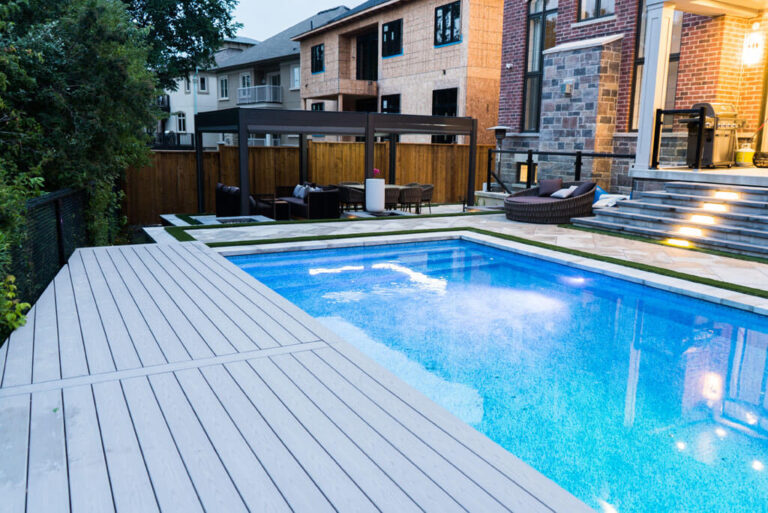 Poolside seating area with modern outdoor furniture