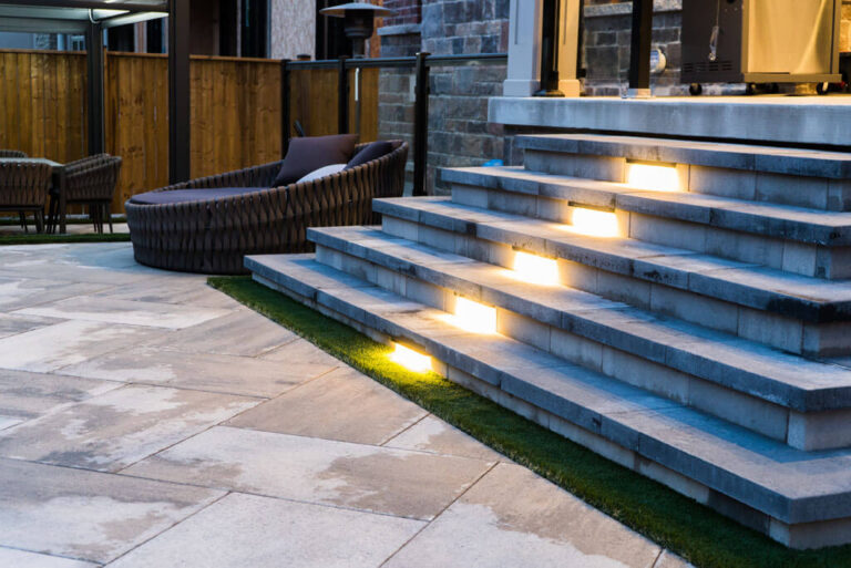Backyard garden with stone pathways and greenery