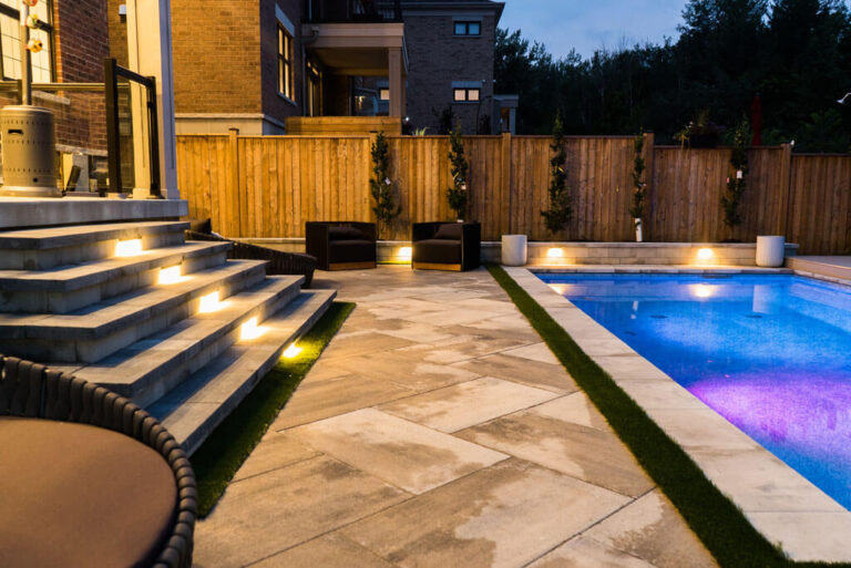 Elegant backyard swimming pool with water features